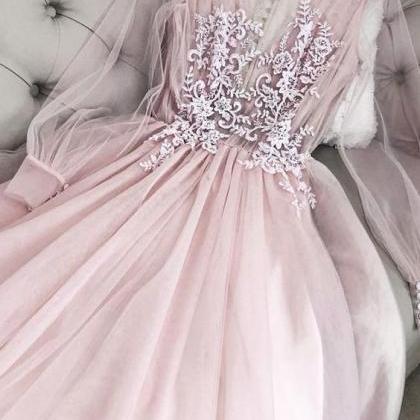Pink V Neck Tulle Long Prom Dress, Pink Tulle..