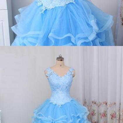 Blue Tulle V Neck Long Lace Top Ruffles Evening..