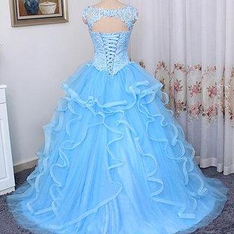 Blue Tulle V Neck Long Lace Top Ruffles Evening..
