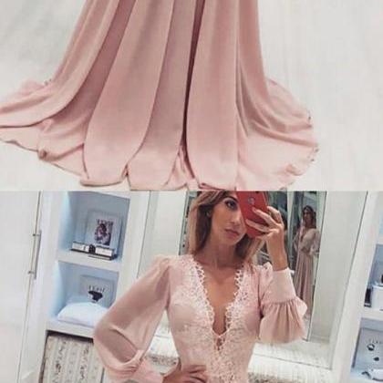 A-line V-neck Long Pink Chiffon Prom Dress With..