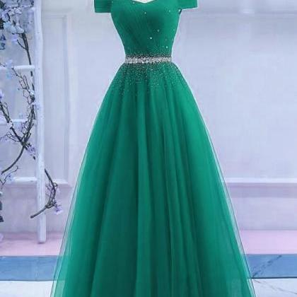 Green Tulle Off Shoulder Beaded Elegant Prom Dress..