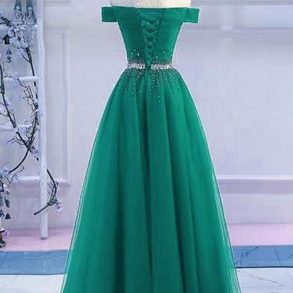 Green Tulle Off Shoulder Beaded Elegant Prom Dress..