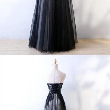 A-line Strapless Black Tulle Appliqued Long Prom..