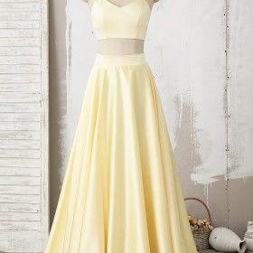 Yellow Two Piece Halter Lace Satin Long Prom Dress..