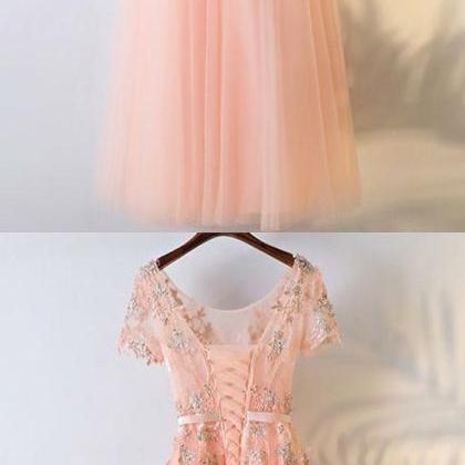 A-line Crew Short Sleeves Floor-length Coral Tulle..