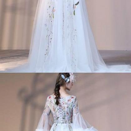 Elegant White Tulle A-line Prom Dresses, Long..