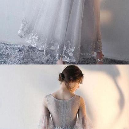 A-line Short Sleeves Gray Tulle Lace Prom Dress..