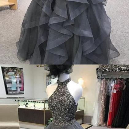 A Line Prom Dress High Neck Silver Long Prom Dress..