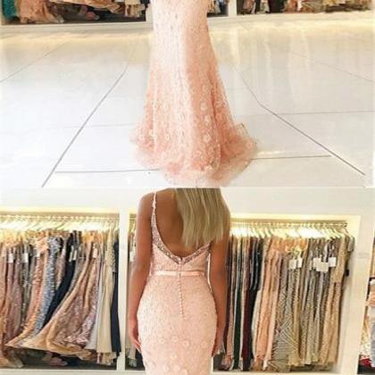 Mermaid Spaghetti Straps Backless Pink Long Prom..