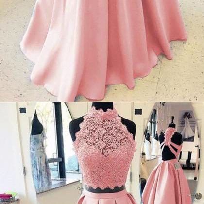 A-line High Neck Open Back Satin Prom Dresses Two..