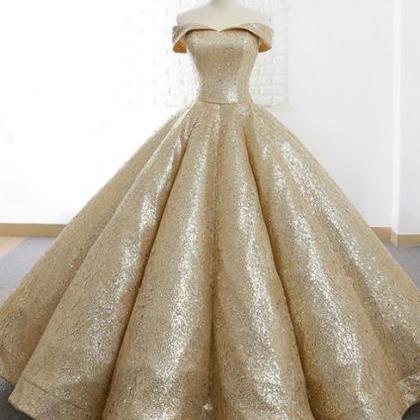 Gold Ball Gown Sequins Off The Shoulder Appliques..