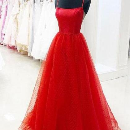 Simple Red Spot Tulle A Line Prom Dress, Red..