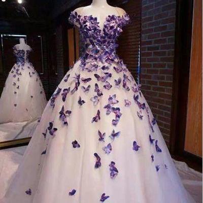 Purple Butterfly Appliques Prom Dress, Party Dress..