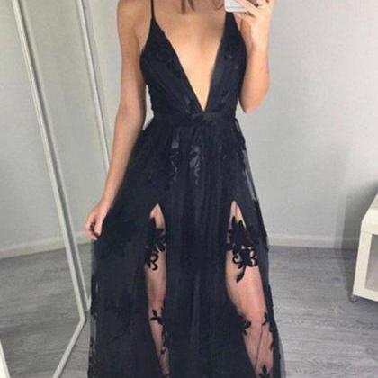 Black Lace Prom Dresses Spaghetti Straps Party..