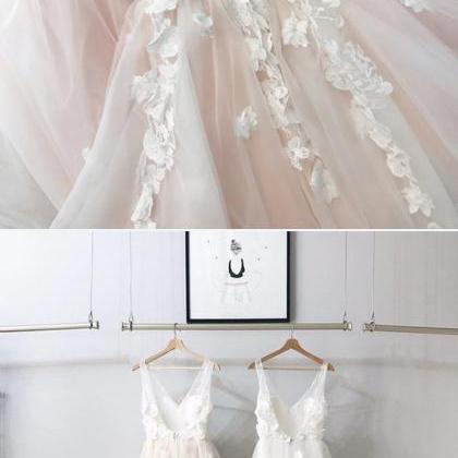 Blush Pink Tulle V Neck Long A Line Prom Dress,..