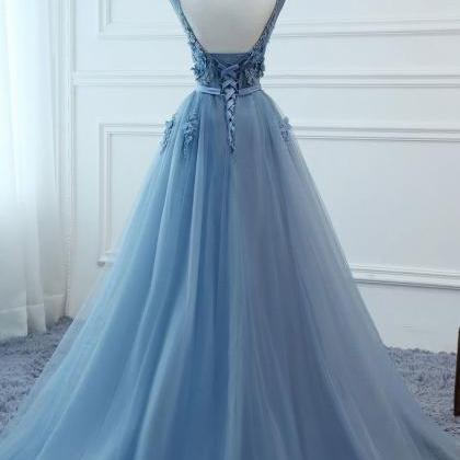 Blue V Neck Tulle Lace Long Prom Dress, Blue Tulle..