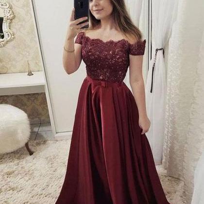 Burgundy Off Shoulder Lace Long Prom Dress,..