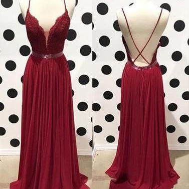 Burgundy Lace Backless Long Prom Dress, Lace..