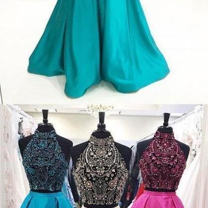Two Piece High Neck Floor-length Turquoise Satin..