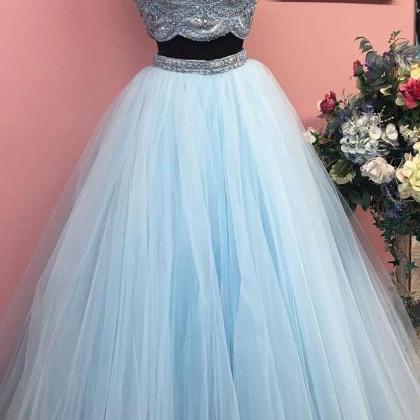 Blue Beads Tulle Long Prom Dress, Blue Evening..