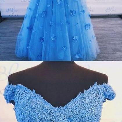 2 Piece Blue Of Shoulder Lace Tulle Prom Dress , V..