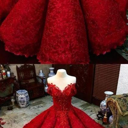 Ball Gown Red Prom Dress With Beads Off The..