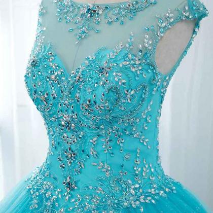 Blue Tulle Open Back Long Lace Up Beaded Hight..