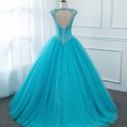 Blue Tulle Open Back Long Lace Up Beaded Hight..