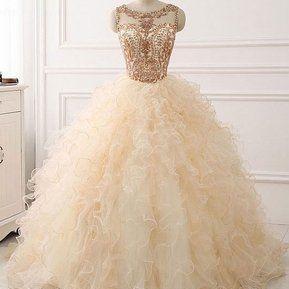 Champagne Round Neck Tulle Long Prom Gown..