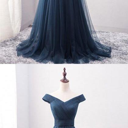 Simple Blue Tulle Long Prom Dress, Blue Evening..