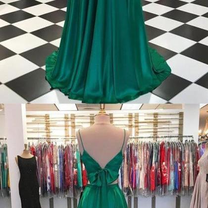 Green V Neck Satin Long Prom Dress, Two Pieces..