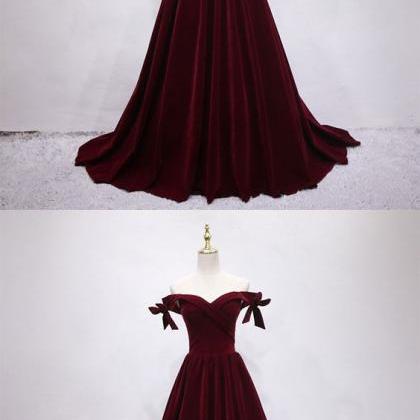 Elegant Burgundy Velvet Long Prom Dress, Evening..