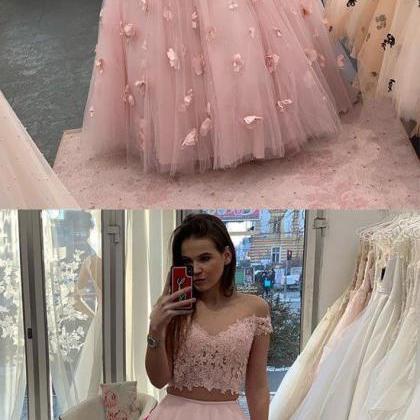 Pink Lace Tulle Long Prom Dress, Two Pieces..
