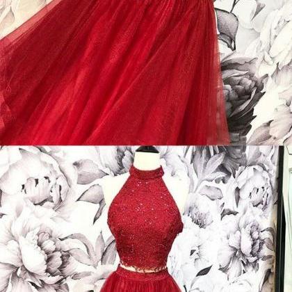 Burgundy Two Pieces Lace Long Prom Dress, Evening..