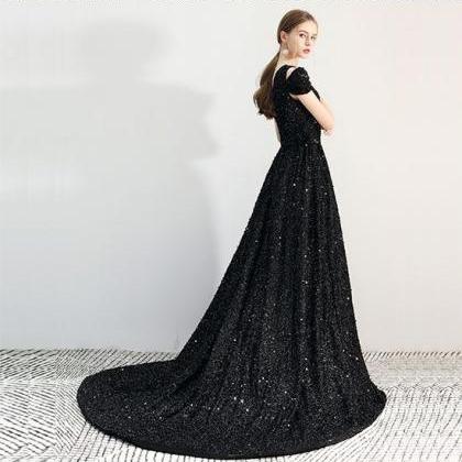 Black Sequins Long Prom Dress, Black Evening Dress..