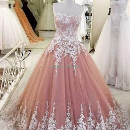 A-line Applique Prom Dress, Blush Prom Dress, Lace..