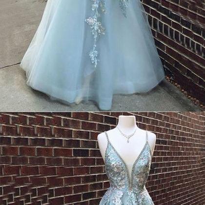 A-line V-neck Light Blue Long Prom Dress Sparkle Graduation Dress MP798 main image 1