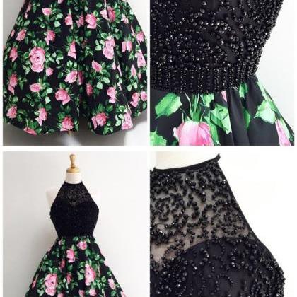 Gorgeous Halter Black Long Floral Prom Dress,prom..