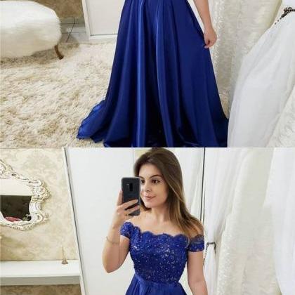 Pretty Royal Blue Prom Dress,Satin A-Line Off Shoulder Evening Dress Y7643