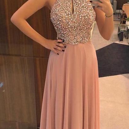 Fancy Scoop Blush Formal Prom Dresses With Beading..