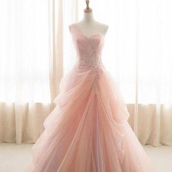 Pink Ball Gown One Shoulder Tulle Appliques..