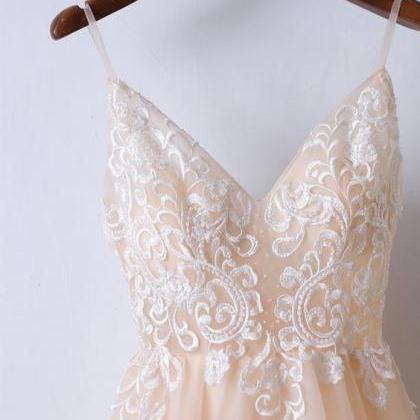 Champagne Lace Long Prom Dress With Spaghetti..