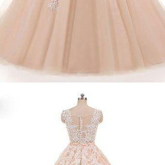 Pink Round Neck Tulle Lace Long Prom Dress, Pink..