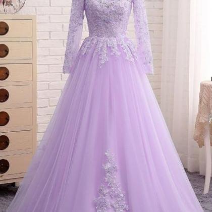 Lavender Tulle Long Sleeve Beaded Formal Prom..