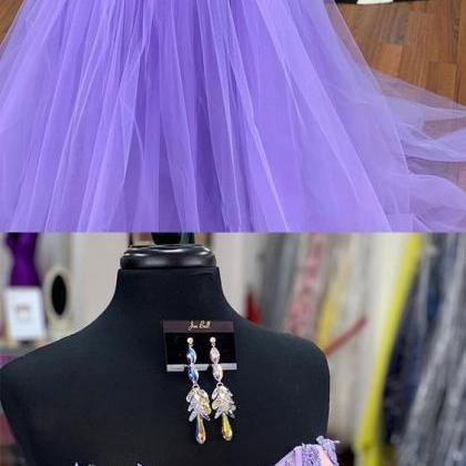 Purple Tulle Lace Long Prom Dress, Purple Evening..