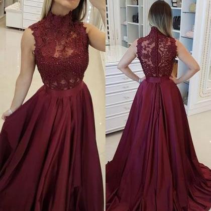 Formal Burgundy Lace Evening Dresses, Modest High..