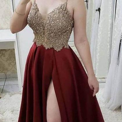 Strap A Line Maroon Long Beaded Prom Dresses With..