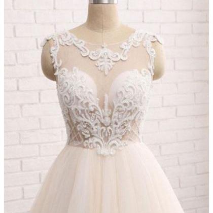 Custom Made Round Neck Lace Tulle Long Prom Gown,..