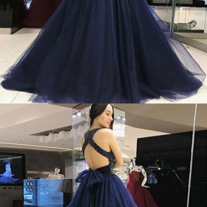 A-line Round Neck Floor-length Open Back Navy Blue..