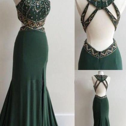 Dark Green Prom Dresses Column Scoop Rhinestone..